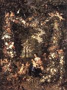 Jan Brueghel The Elder Heilige Familie in einem Blumen und Fruchtekranz painting